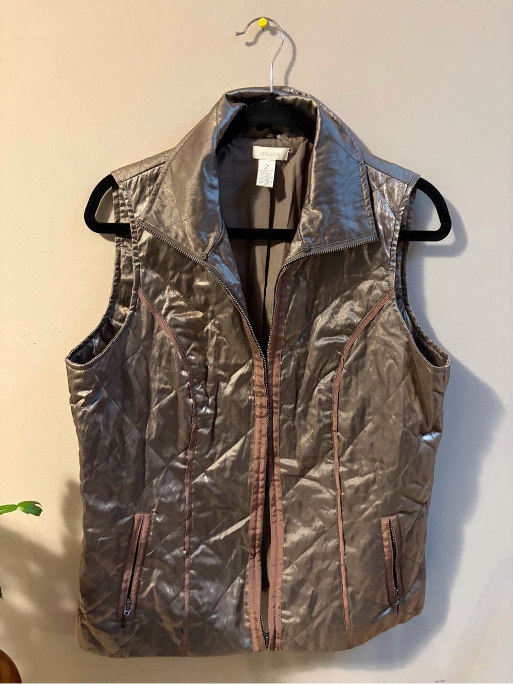 Chico's Metallic Quilted Sleeveless Vest - Silver with Taupe Trim